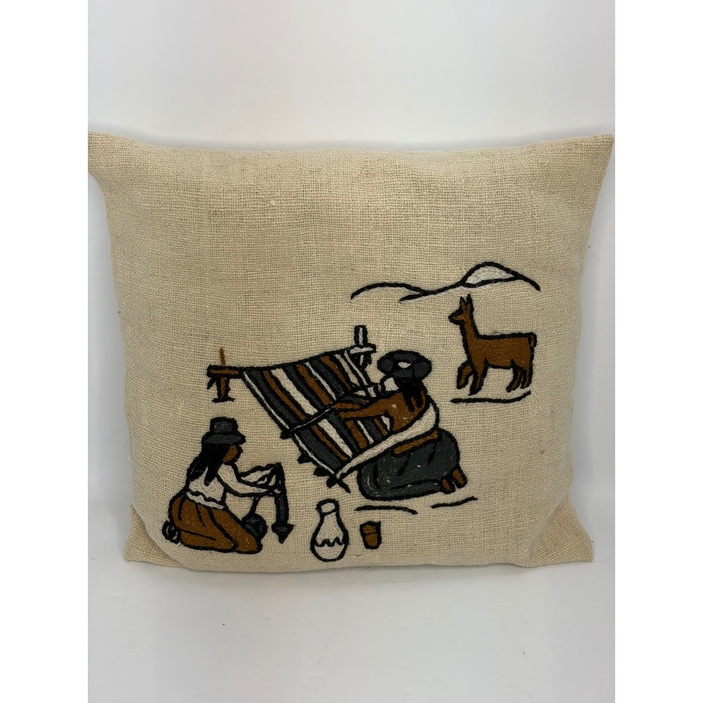 Vintage Peruvian Hand Embroidered Wool Pillow Cover Weaver Llama Folk Art 14x15
